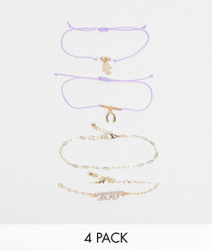 Набор из 4 браслетов-фенечек в золотистых и фиолетовых тонах ASOS Design-Многоцветный
