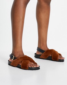 Коричневые сандалии из плюшевого искусственного меха на плоской подошве Kaltur-Коричневый цвет