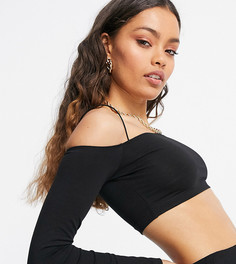 Черный кроп-топ с длинными рукавами, спущенными плечами и узкими бретельками ASOS DESIGN Petite
