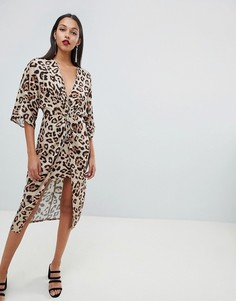 Атласное платье-кимоно миди с леопардовым принтом ASOS DESIGN-Мульти