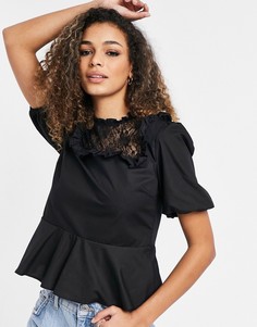 Черная блузка с кружевной кокеткой Miss Selfridge-Белый