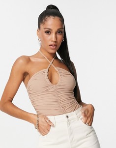 Бежевое сетчатое боди с завязками на шее и сборками ASOS DESIGN-Нейтральный