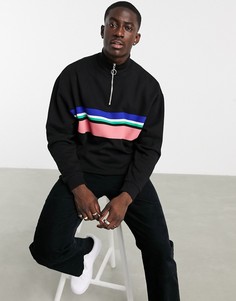 Oversized-свитшот черного цвета с короткой молнией и принтом в виде полосок ASOS DESIGN-Черный