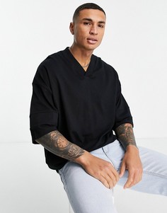 Плотная oversized-футболка черного цвета с V-образным вырезом и отделкой в рубчик из органического материала ASOS DESIGN-Черный цвет
