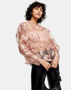 Розовая блузка с цветочным принтом и рукавами из органзы Topshop-Розовый цвет