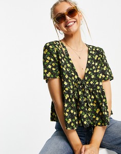 Черная блузка с коротким рукавом и ярким желтым принтом ASOS DESIGN-Многоцветный
