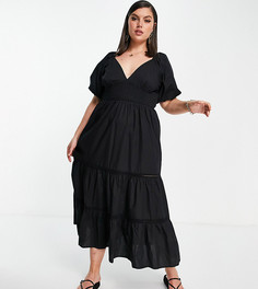 Черное платье макси с присборенной талией и кружевными вставками ASOS DESIGN Curve-Черный