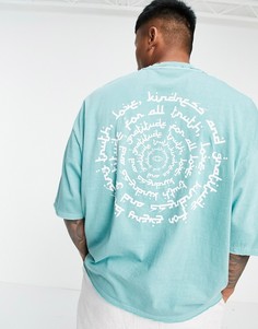 Голубая выбеленная футболка в стиле oversized из органического хлопка с круглым текстовым принтом на спине ASOS DESIGN-Голубой