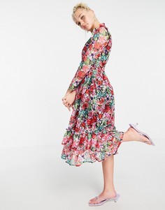 Приталенное платье миди с длинным рукавом, оборками и принтом роз Little Mistress-Многоцветный