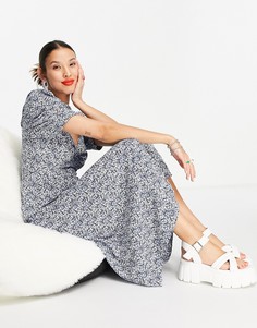 Голубое чайное платье миди с белым цветочным принтом Only-Белый