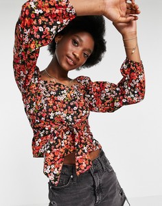 Красная блузка с завязкой спереди и цветочным принтом Miss Selfridge-Черный