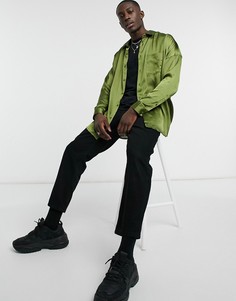 Атласная oversize-рубашка оливкового цвета ASOS DESIGN-Зеленый цвет