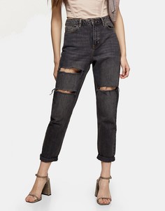 Черные выбеленные джинсы в винтажном стиле с двойной рваной отделкой на коленях Topshop-Черный цвет