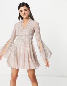 Расклешенное платье мини с декоративной отделкой и рукавами клеш ASOS DESIGN-Розовый цвет