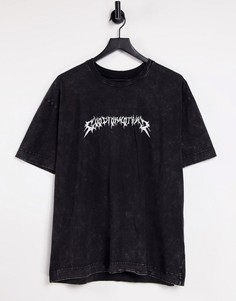 Черная oversized-футболка с эффектом кислотной стирки и принтом логотипа на груди Good For Nothing-Черный цвет