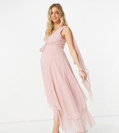 Нежно-розовое многослойное платье макси из мягкой ткани с завязкой ASOS DESIGN Maternity-Розовый