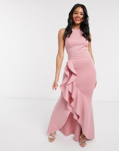 Розовое платье макси с халтером и оборками Lipsy x Abbey Clancy-Розовый цвет