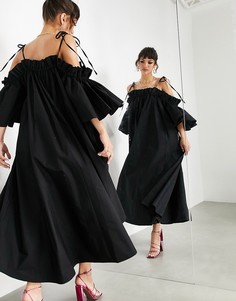 Черное хлопковое платье миди с оборками и открытыми плечами ASOS EDITION-Черный цвет