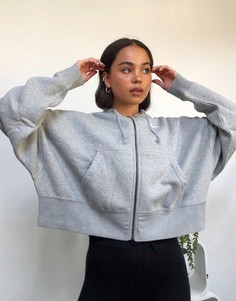 Серый укороченный оversized-худи на молнии с маленьким логотипом-галочкой Nike