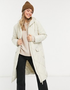 Длинный пуховик кремового цвета со стеганой отделкой New Look-Зеленый цвет