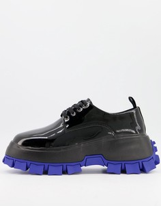 Черные лакированные туфли на шнуровке и массивной рифленой подошве синего цвета ASOS DESIGN-Черный цвет