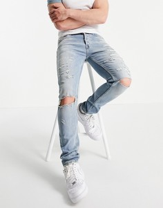 Выбеленные зауженные джинсы из органического хлопка со рваной отделкой Topman-Голубой