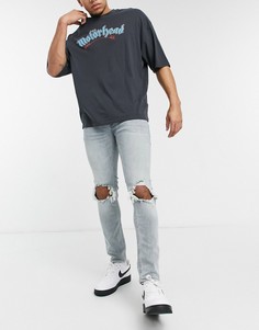 Светлые зауженные джинсы из органического хлопка со рваной отделкой Topman-Голубой