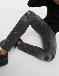 Зауженные джинсы из органического хлопка винтажного черного выбеленного цвета с эффектом брызг краски Topman-Голубой