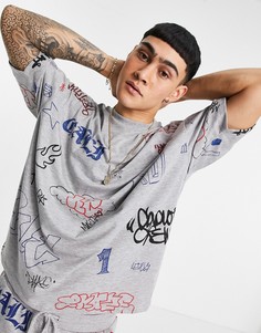 Серая меланжевая oversized-футболка с принтом в стиле граффити от комплекта ASOS DESIGN-Многоцветный