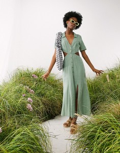 Платье миди цвета хаки в фактурную клетку на пуговицах и с декоративным вырезом ASOS DESIGN-Зеленый цвет
