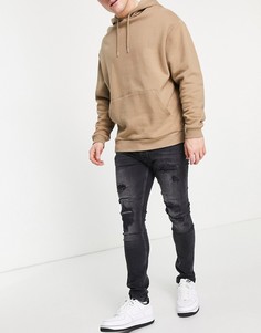 Черные выбеленные джинсы зауженного кроя со рваной отделкой Topman-Черный цвет