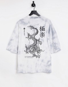 Oversized-футболка из плотного белого трикотажа с принтом тай-дай и драконом на спине ASOS DESIGN-Белый