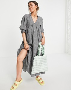 Платье миди в мелкую клетку с присборенной юбкой и V-образным вырезом ASOS DESIGN-Многоцветный
