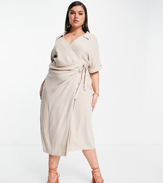 Светло-бежевое льняное платье миди с запахом ASOS DESIGN Curve-Нейтральный