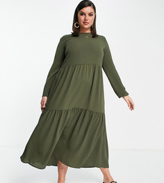 Ярусное платье миди цвета хаки с присборенной юбкой и длинными рукавами ASOS DESIGN Curve-Зеленый