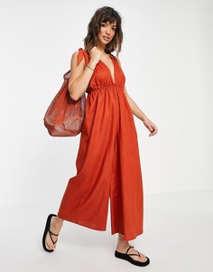 Льняной комбинезон рыжего цвета с широкими штанинами ASOS DESIGN-Коричневый