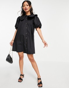 Черное поплиновое платье-рубашка мини с большим воротником River Island-Черный
