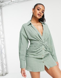 Платье-рубашка мини с узлом спереди цвета хаки ASOS DESIGN-Зеленый