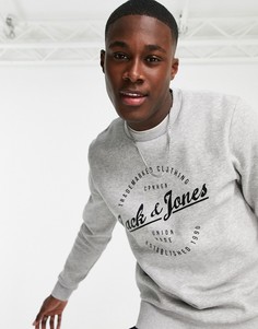 Светло-серый меланжевый свитшот с закругленным логотипом Jack & Jones