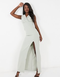 Шалфейно-зеленое платье макси с глубоким вырезом спереди AX Paris-Зеленый цвет