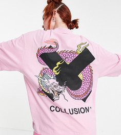 Розовая oversized-футболка с принтом дракона COLLUSION-Розовый цвет