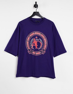 Синяя oversized-футболка с принтом университетском стиле ASOS DESIGN-Фиолетовый цвет