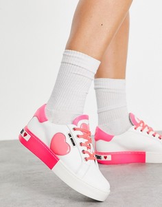 Бело-розовые кроссовки на плоской платформе с сердечками Love Moschino-Белый