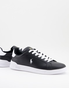 Черные перфорированные кожаные кроссовки с белым логотипом Polo Ralph Lauren Heritage Court-Черный цвет