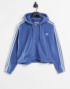 Голубой флисовый худи на молнии с тремя полосками adidas Originals adicolor