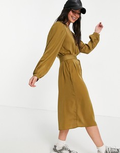 Желто-коричневое платье миди с поясом Vila-Коричневый цвет