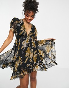 Черное платье мини в винтажном стиле на пуговицах с цветочным принтом ASOS DESIGN-Многоцветный