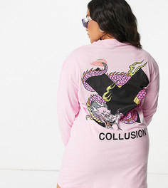 Эксклюзивное розовое платье-лонгслив в стиле oversized с графическим принтом COLLUSION Plus-Розовый цвет