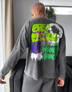 Серый oversized-лонгслив с принтом граффити на спине ASOS DESIGN-Черный