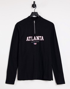 Черный лонгслив с короткой молнией и принтом Atlanta на груди ASOS DESIGN-Черный цвет